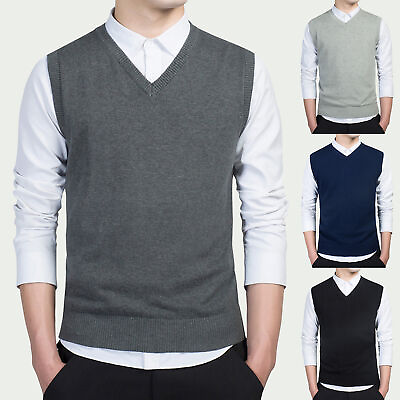 #ad Men Autumn Winter Solid Color Sleeveless V Neck Knitted Sweater Business Vest FE