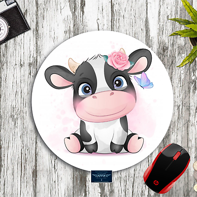 #ad CALF amp; BUTTERFLY COW ART 8quot; ROUND PC MOUSEPAD DESK MAT HOME OFFICE SCHOOL GIFT $12.95