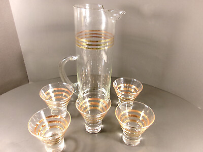 #ad MCM Set Martini Pitcher amp; 5 Glasses Gold Rim and Gold Stripes Beautiful