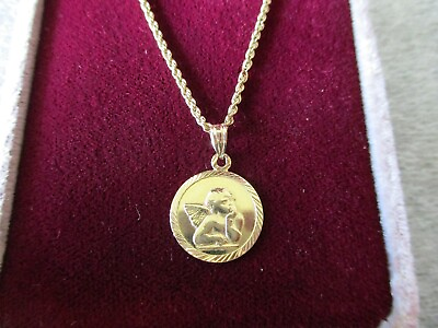 #ad 14K YELLOW GOLD ANGEL PENDANT CHARM ROPE CHAIN NECKLACE