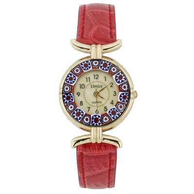 #ad GlassOfVenice Murano Glass Millefiori Watch with Leather Band Red