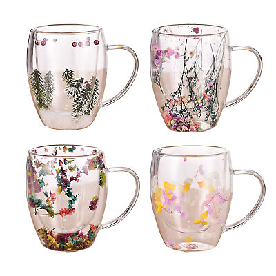 #ad Dried Flowers Double Wall Clear Glass Coffee MugsClear Glass Cups With Handle