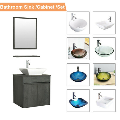 #ad 24quot; Vanity Bathroom Set Sink Cabinet Vessel Glass Ceramic W Faucet Combo Wall