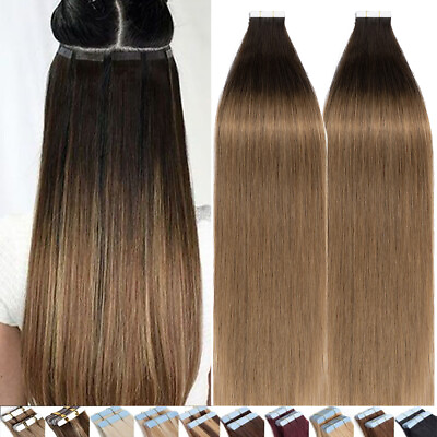 #ad Seamless Russian 100% Tape In Remy Human Hair Extensions Skin Weft FULL HEAD 50g