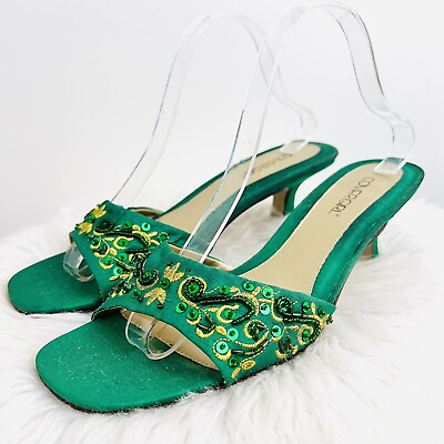 #ad Vintage Authentic Covergirl Green Jewel Embellished Slip on Kitten Heels Size 11