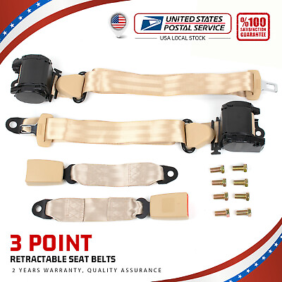 #ad 2Pcs Beige Universal Car Truck 3 Point Safety Seat Belt Lap Shoulder Retractable