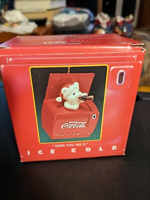 #ad Enesco Now You See It Coca Cola Holiday Ornament Cooler with bear Used