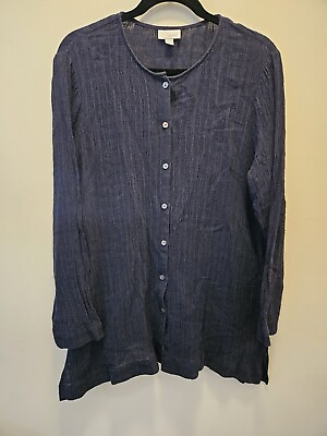 #ad J. Jill Pure Jill Navy Blue Linen Button Down Long Sleeve Shirt Size Medium