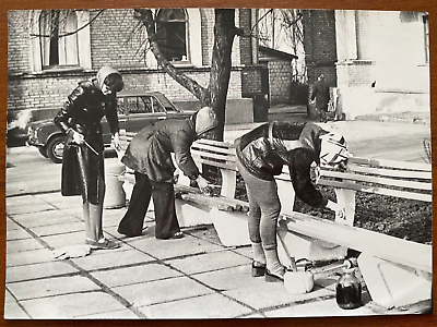 #ad Beautiful girls paint benches gentle women Vintage photo