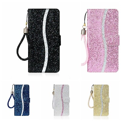 #ad Newest Bling Glitter Faux Leather Wallet Flip Cell Phone Cases Cover Hand Strap