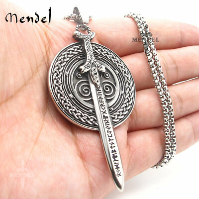 #ad MENDEL Mens Stainless Steel Nordic Norse Viking Odin Shield Pendant Necklace Men