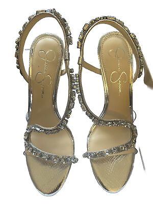 #ad Brand New Women size 9 jessica simpson heels Silver Metallic With Rhinestones