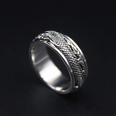 #ad Pure S925 Sterling Silver Band Men Bless Lucky Gift Carved Dragon Ring
