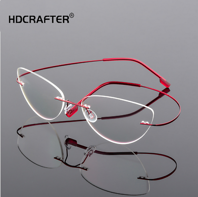 #ad Women#x27;s Titanium Alloy Rimless Optical Glasses Cats Eye Myopia Glasses Frames