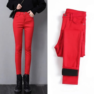 #ad Women Thermal Denim Pants Lined Skinny Fit Jeans Stretch Pencil Trousers Warm