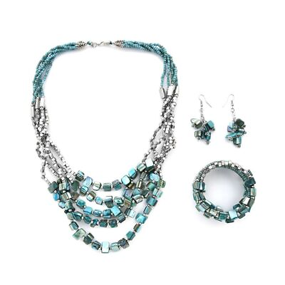 #ad Handmade Blue Jewelry Sets Seed Bracelet Earring Beaded Necklace Multi Layer 22quot;