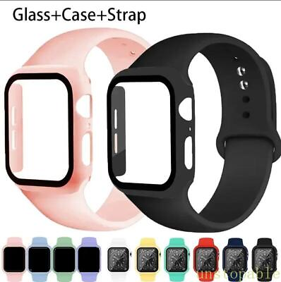 #ad StrapGlass Screen Case For Apple Watch 9 8 7 6 5 4 3 2 SE Silicone iWatch Band