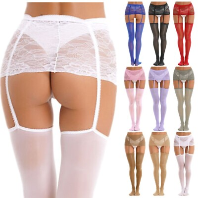 #ad US Women#x27;s Suspender Oil Thigh High Stockings Sexy Lace Garter Belt Pantyhose