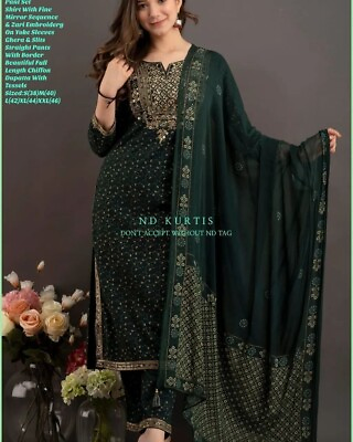 #ad Green Embroidery Work Salwar Kameez Dupatta Set Indian Handmade Kurti Pant Dress
