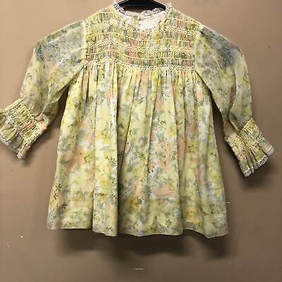 #ad Vintage Nannette Baby Girl Dress Yellow Floral Smocked Semi Sheer L S