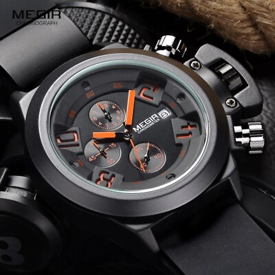 #ad MEGIR Mens Chronograph Quartz Watches Silicone Strap Waterproof Wrist Watch