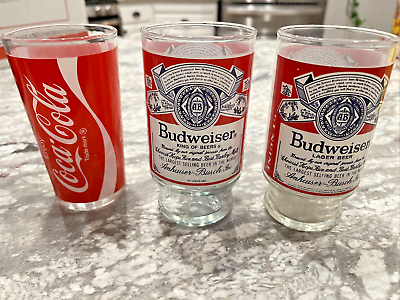 #ad Trio of Vintage Glass Glasses Budweiser Coca Cola Coke Footed