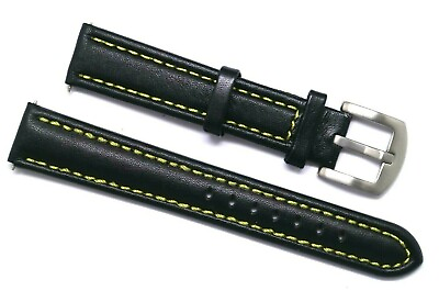 #ad 18mm Replacement BLACK Genuine Leather Yellow Stitching Watch Band Silver Buckle
