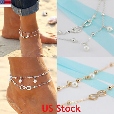 #ad Women Double Ankle Bracelet 925 Silver Anklet Foot Jewelry Girl#x27;s Beach Chain US