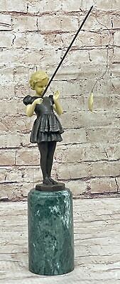 #ad Preiss Solid Bronze Little Girl Fishing Sculpture on Green Marble Base Artwork