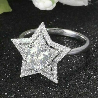 #ad 3Ct Round Lab Created Diamond Star Shaped Halo Engagement Ring 14K White Gold