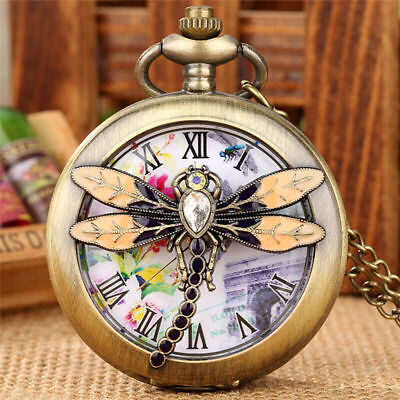 #ad Vintage Hollow Butterfly Dragonfly Unisex Quartz Pocket Watch Roman Number Chain