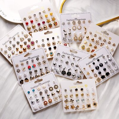 #ad Fashion 12 Pairs Pearl Crystal Flower Earrings Set Ear Stud Women Jewellery Gift