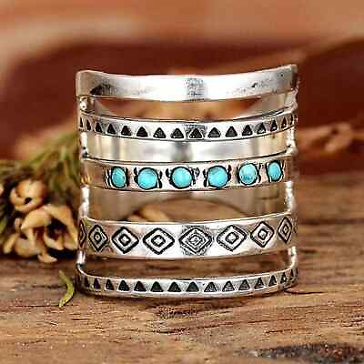#ad Retro Round Veneered Sausage Turquoise Rings 925 Sterling Silver Size 8