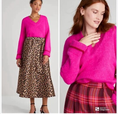 #ad Kate Spade New York Tipped V Neck Sweater Bright Honeysuckle Pink XL NWT $278