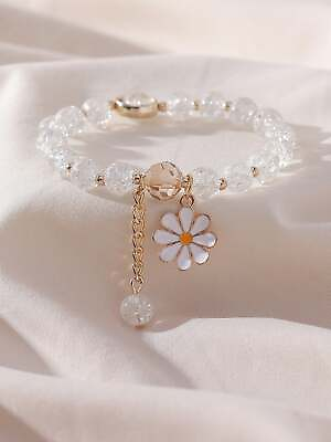 #ad White Flower Charm Beaded Bracelet Women Bracelet Stackable Bracelet Crafted