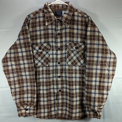 #ad Vintage Sears XL Flannel Shirt Mens Brown Plaid Windowpane Brown Quilt Lined USA
