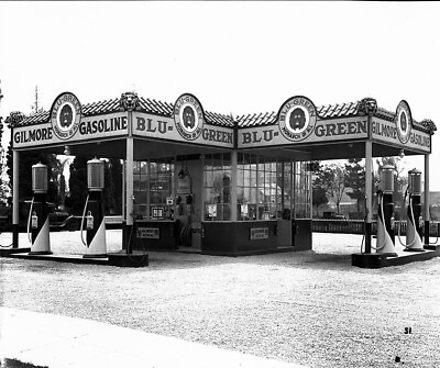 #ad 1920 Gilmore Blu Green Gas Service Station Photo Vintage Art Deco Gasoline