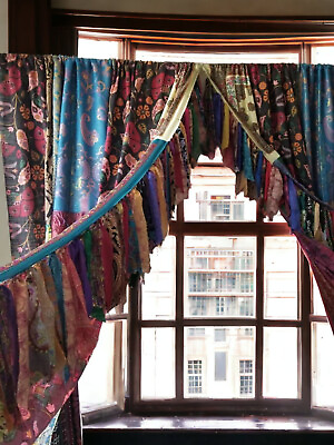 #ad 2 Pcs Indian Sari Patchwork Curtain Drape Window Decor Silk Saree Fringh Curtain