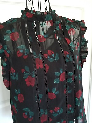 #ad Forever 21 Black Rose Print Sheer Blouse Top w Attached Tank Top Junior Size M