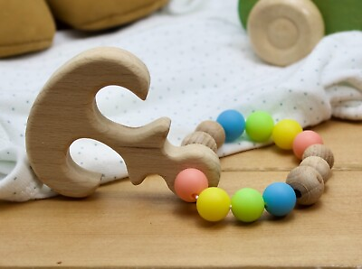 #ad Baby rattle ring teething silicone and wood beads