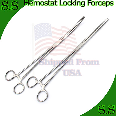 #ad New 2pc Set 12quot; Straight Curved Hemostat Forceps Locking Clamps Stainless