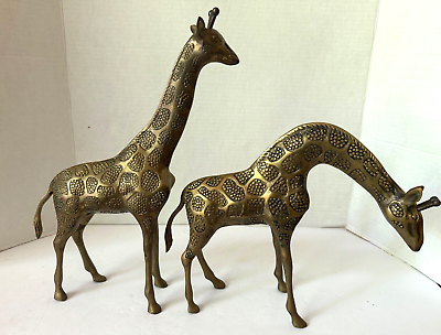 #ad Pair Hand Made Brass Giraffes Figurines MCM Hollywood Regency 13quot; Tall EUC