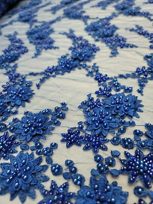 #ad Royal Blue 3d Floral Beaded Lace Embroidery Pearls Flowers Mesh Fabric By Yard