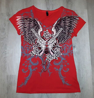 #ad Rhinestone Bling Guns Angel Wings Roses Red T Shirt SMALL Goth Biker Tattoo Y2k