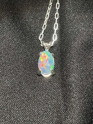 #ad Gem Ethiopian Welo Fire Opal Cabochon Gemstone Pendant Sterling Silver With Chai