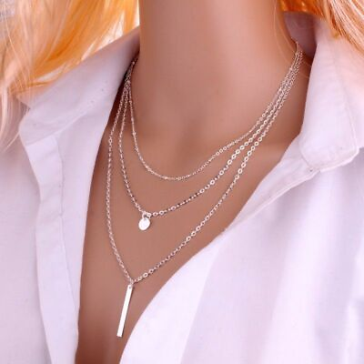 #ad Triple Layer Necklace Gold Silver Color Chain Rectangle Pendant Women Necklaces