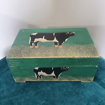 #ad Vintage Wood Box Cow Print Green Outsider Folk Art Painted Country Farm Decor