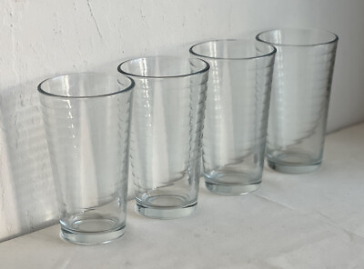 #ad Libbey Glass 16 oz Drinking Glasses Tumblers Set Of 4 Rings Hoops Ribbed Clear