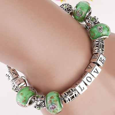 #ad New Love woman Bracelet Silver Friendship Green Beads Charms Alloy Gift for girl
