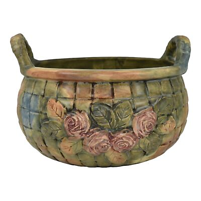 #ad Weller Flemish 1920s Vintage Art Pottery Red Floral Brown Green Ceramic Basket